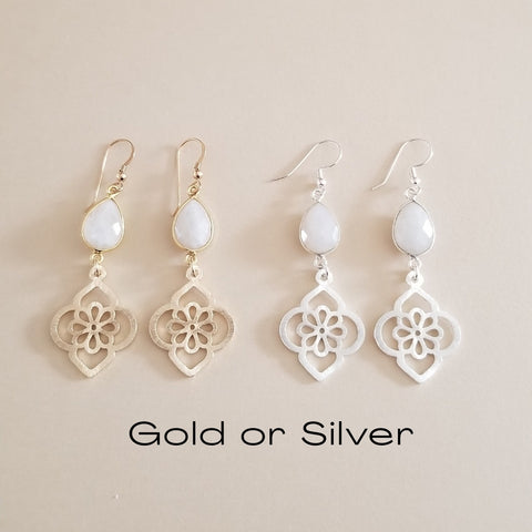 Brushed Silver or Gold Moonstone Floral Earrings, Statement Earrings, Gift for Her