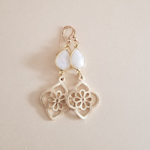 Brushed Silver or Gold Moonstone Floral Earrings, Statement Earrings