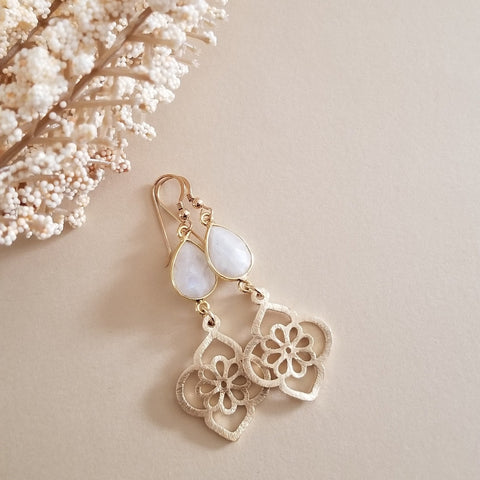 Gold floral earrings with a Moonstone 