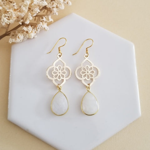 Bride Earrings, Brushed Gold Moonstone Flower Earrings