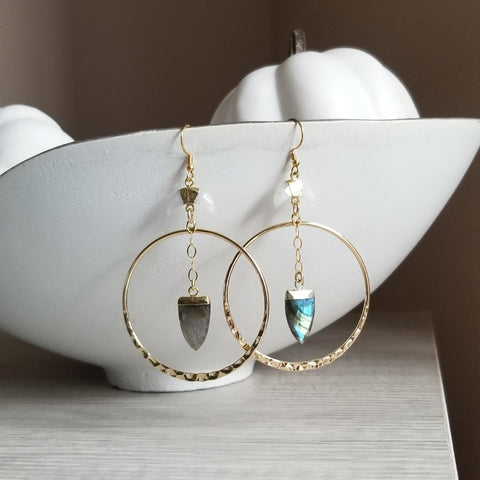 Labradorite Crystal Earrings, Crescent Moon Gemstone Gold Hoop Earrings, Bohemian Hoops, Statement Earrings