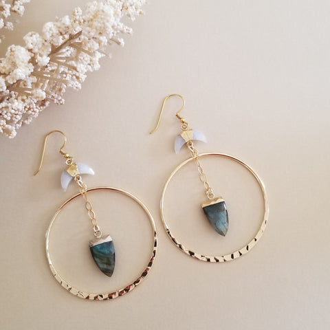 Labradorite Crystal Earrings, Moonstone Crescent Moon Hoop Earrings, Boheman Statement Earrings