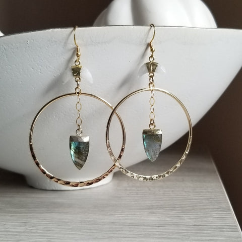 Moon Magic Labradorite Gold Hoop Earrings, Bohemian Statement Earrings