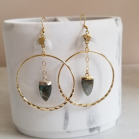 Labradorite Crystal Earrings, Crescent Moon Gemstone Gold Hoop Earrings, Bohemian Hoops, Statement Earrings, Holiday Gift for Women