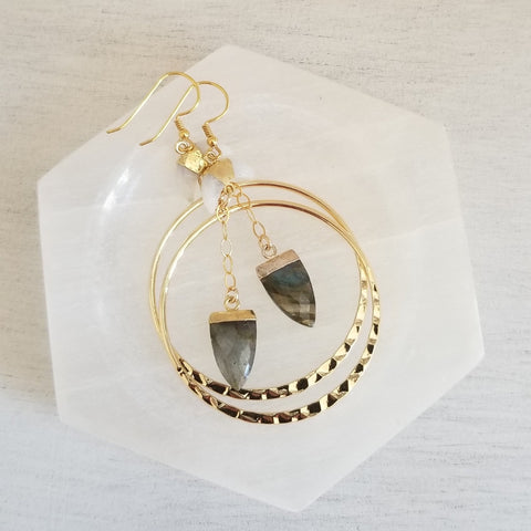 Moon Magic Labradorite Gold Hoop Earrings, Bohemian Statement Earrings