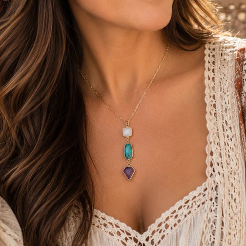 Moonstone Turquoise and Amethyst Necklace, Long Gemstone Pendant Necklace, Boho Statement Necklace for Women