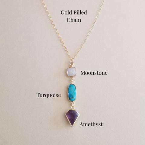 Moonstone Turquoise and Amethyst Necklace, Long Gemstone Pendant Necklace