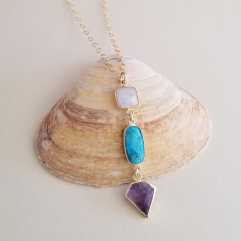 Moonstone Turquoise and Amethyst Necklace, Long Gemstone Pendant Necklace