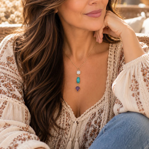 Handmade boho gemstone center drop necklace for women. Multi Gemstone Statement Necklace