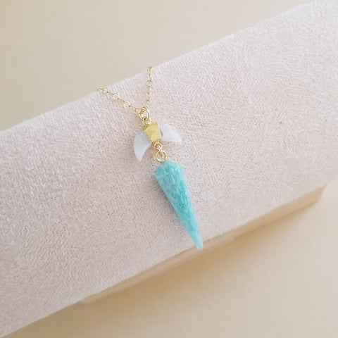 Moonstone and Amazonite Crescent Moon Pendant Necklace, Celestial Jewelry