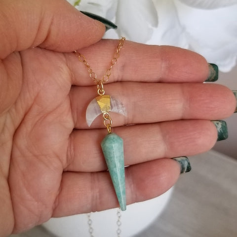 Moonstone and Amazonite Crescent Moon Pendant Necklace, Celestial Jewelry