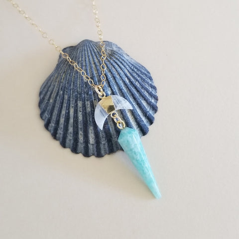 Moonstone and Amazonite Crescent Moon Pendant Necklace, Celestial Jewelry