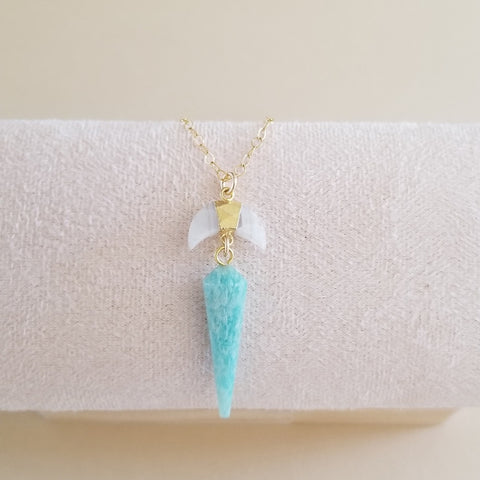 Handmade Moonstone and Amazonite Crescent Moon Pendant Necklace, Celestial Jewelry for Women