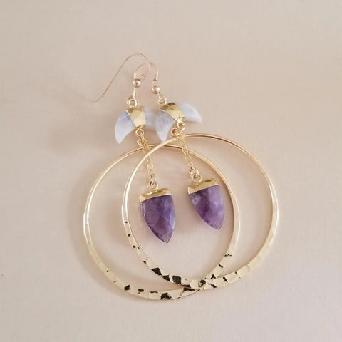 Gold Amethyst and Moonstone Hoop Earrings