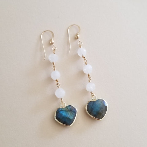 Handmade Moonstone and Labradorite Heart Dangle Earrings