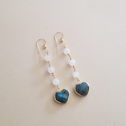 Handmade Moonstone and Labradorite Heart Dangle Earrings