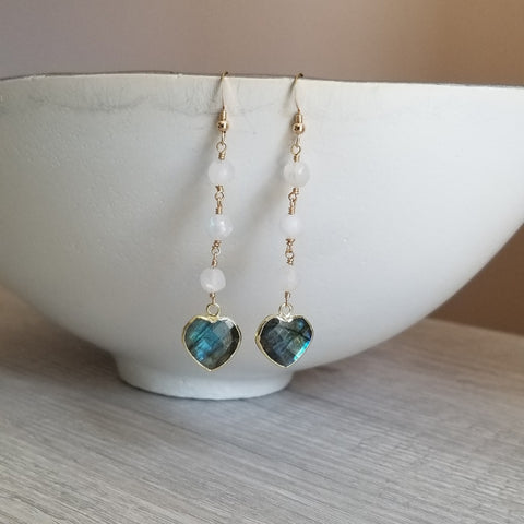 Handmade Moonstone and Labradorite Heart Dangle Earrings