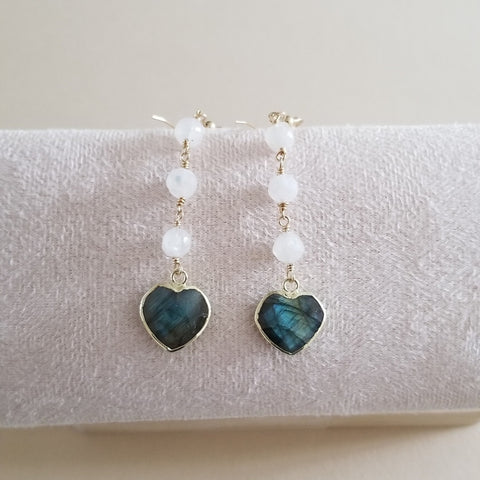 Handmade Moonstone and Labradorite Heart Dangle Earrings