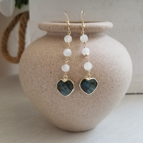 Handmade Moonstone and Labradorite Heart Dangle Earrings
