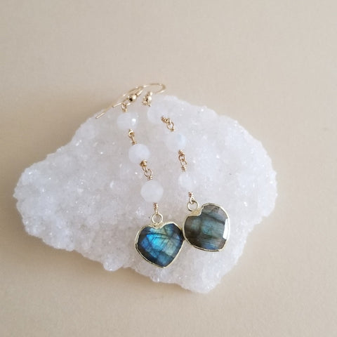 Handmade Moonstone and Labradorite Heart Dangle Earrings