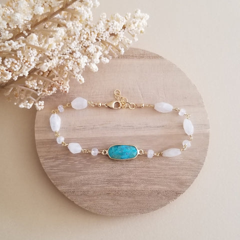 Handmade Boho Beaded Moonstone Bracelet with Turquoise Stone, Gift for Her