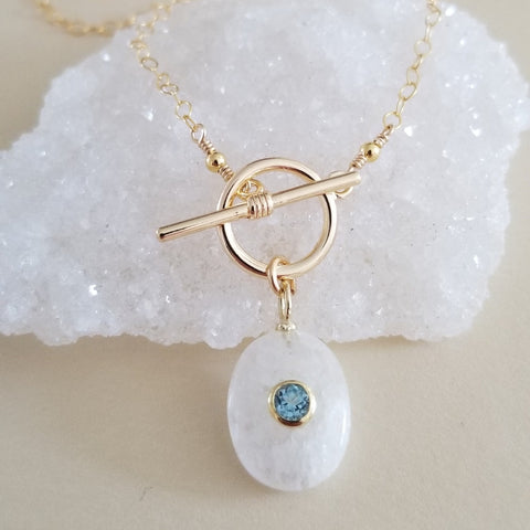 Moonstone and Blue Topaz Pendant Necklace, Gold Front Toggle Necklace