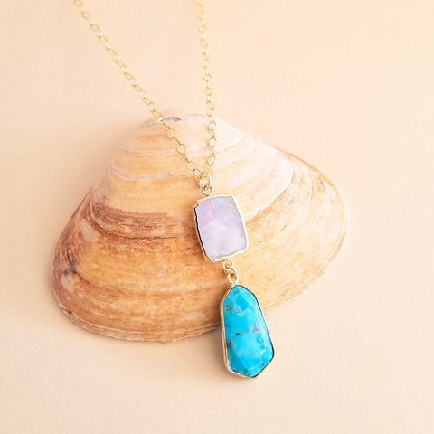 Moonstone and Turquoise Pendant Necklace, Boho Stone Necklace