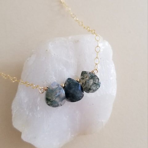 Moss Agate Teardrop Necklace, Trio of Stones