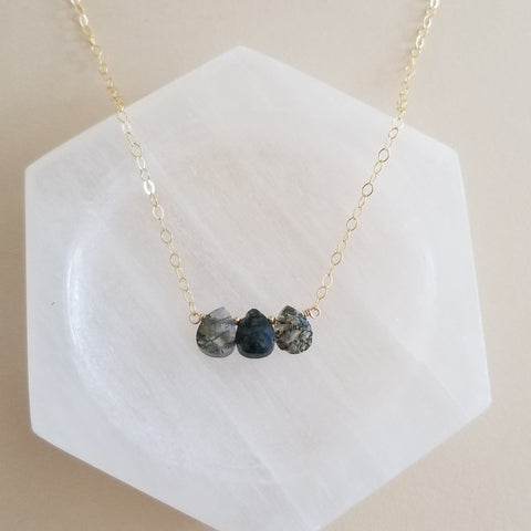 Moss Agate Teardrop Necklace, Trio of Stones