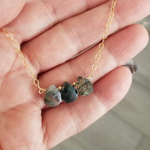 Moss Agate Teardrop Necklace, Trio of Stones