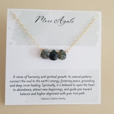 Delicate necklace featuring three small Moss Agate teardrop gemstones on a sterling silver or gold-filled chain, dainty crystal jewelry with natural green stone patterns. Gift for Her