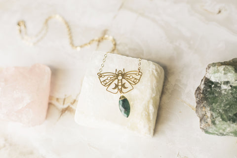 Gold Luna Moth Necklace with Gemstone, Celestial Jewelry for Women