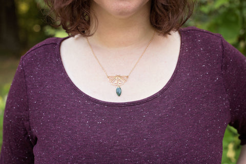 Gold Luna Moth Necklace with Gemstone, Celestial Jewelry for Women