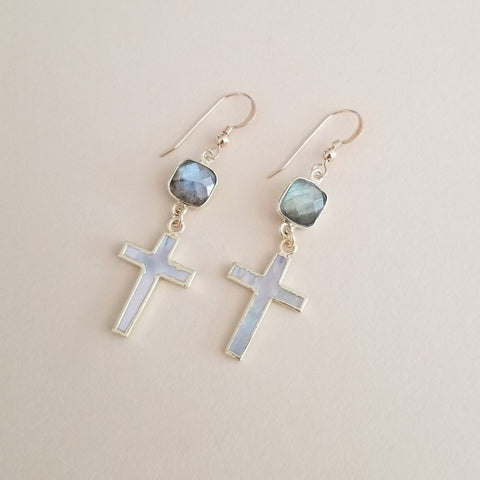 Labradorite and Mother of Pearl Cross Earrings, Lightweight Dangle Earrings, Gift for Her