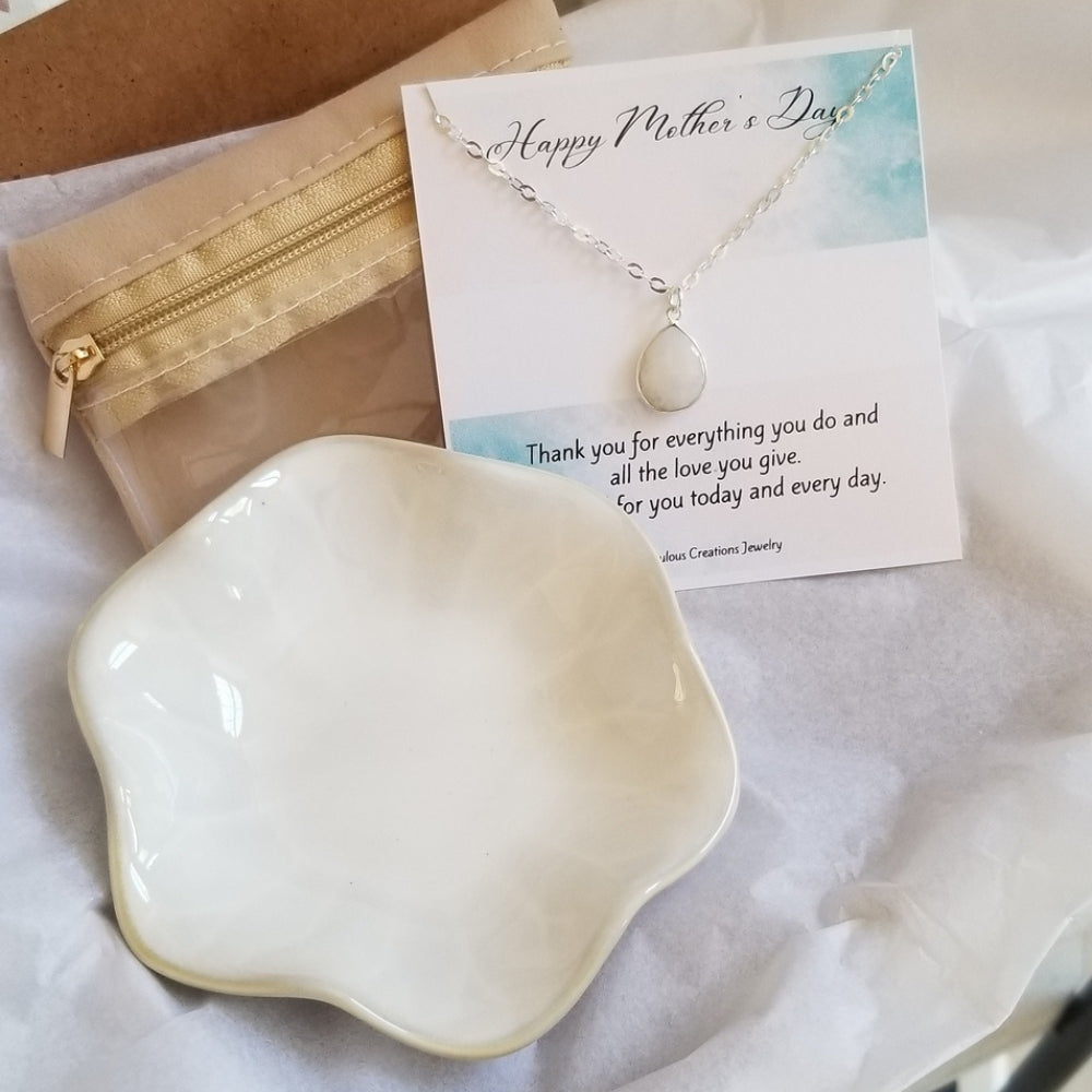 Mothers Day Gift Set, Sterling Silver Moonstone Necklace, Jewelry Travel Bag and Ceramic Dish