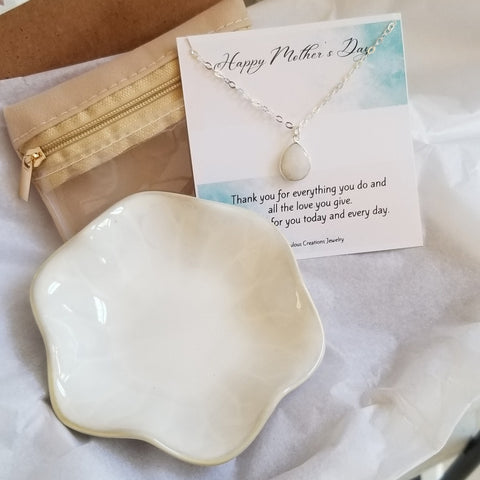 Mothers Day Gift Set, Sterling Silver Moonstone Necklace, Jewelry Travel Bag and Ceramic Dish