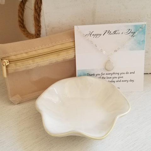 Mothers Day Gift Set, Sterling Silver Moonstone Necklace, Jewelry Travel Bag and Ceramic Dish