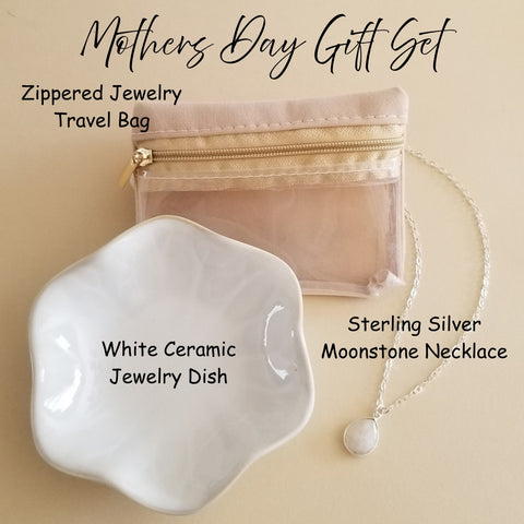 Mothers Day Gift Set, Sterling Silver Moonstone Necklace, Jewelry Travel Bag and Ceramic Dish