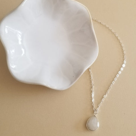 Mothers Day Gift Set, Sterling Silver Moonstone Necklace, Jewelry Travel Bag and Ceramic Dish