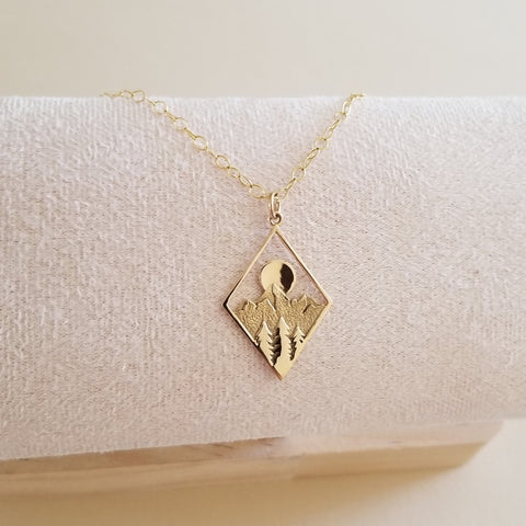 Gold Mountains and Sun Setting Pendant Necklace, Wanderlust Jewelry, Nature Lover Necklace
