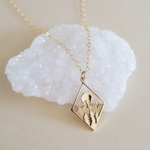 Gold Mountains and Sun Setting Pendant Necklace
