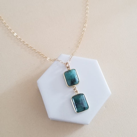 Natural Emerald Pendant Necklace, Gold Emerald Necklace, Center Drop Necklace