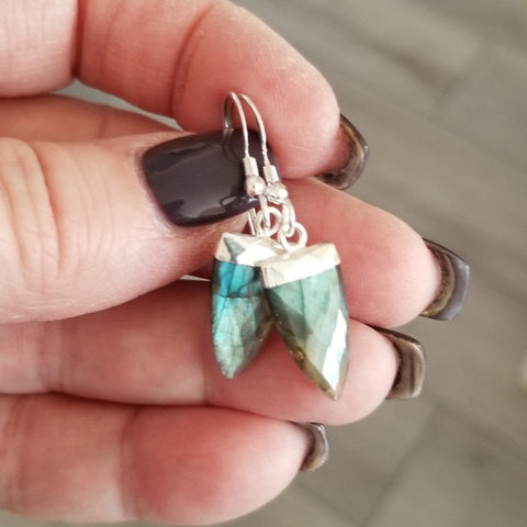 Labradorite Earrings, Arrow Shaped Labradorite Dangle Earrings, Boho Gemstone Earrings, Healing Crystal Jewelry, Small Stone Earrings