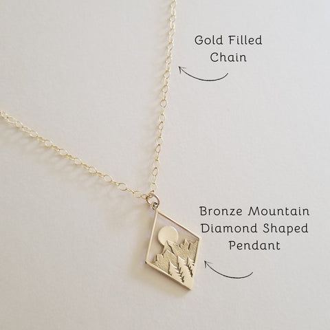 Gold Mountains and Sun Setting Pendant Necklace