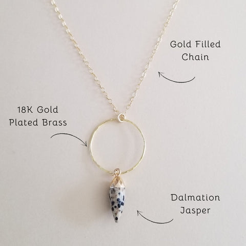 Gold Circle with Dalmation Jasper Pendant Necklace, Boho Stone Necklace