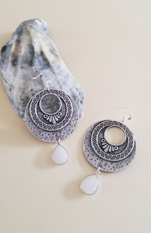 Oxidized Silver Circle Earrings with Gemstone, Moonstone Teardrop Earrings, Statement Earrings, Gift for Her
