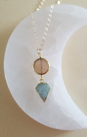 Aquamarine and Peach Moonstone Necklace, Aquamarine Pendant Necklace, Thin Gold Chain Necklace, Dainty Gemstone Necklace, Gift for Her