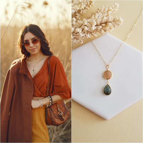 Gold Peach Moonstone and Labradorite Pendant Necklace