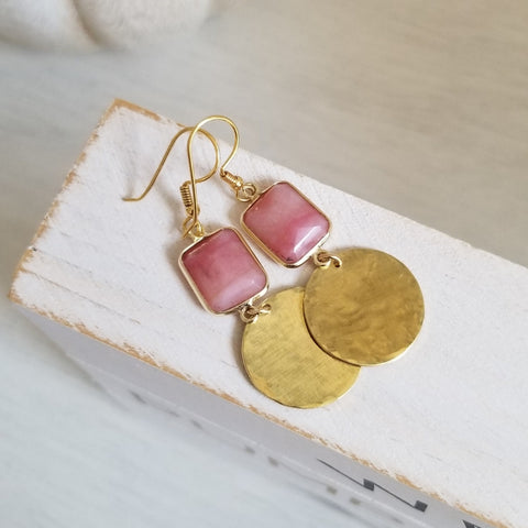 Gold Pink Opal Dangle Earrings, Hammered Boho Gemstone Earrings