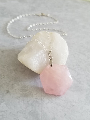 Rose Quartz Hexagon Penadnt Necklace, Natural Pink Stone Necklace Sterling Silver
